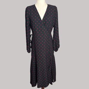 Scoop Wrap Midi Dress Black‎ Red Polka Dot Long Sleeve Career Office